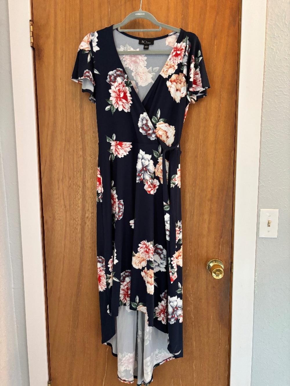 BCX Navy Floral Wrap Dress, Large